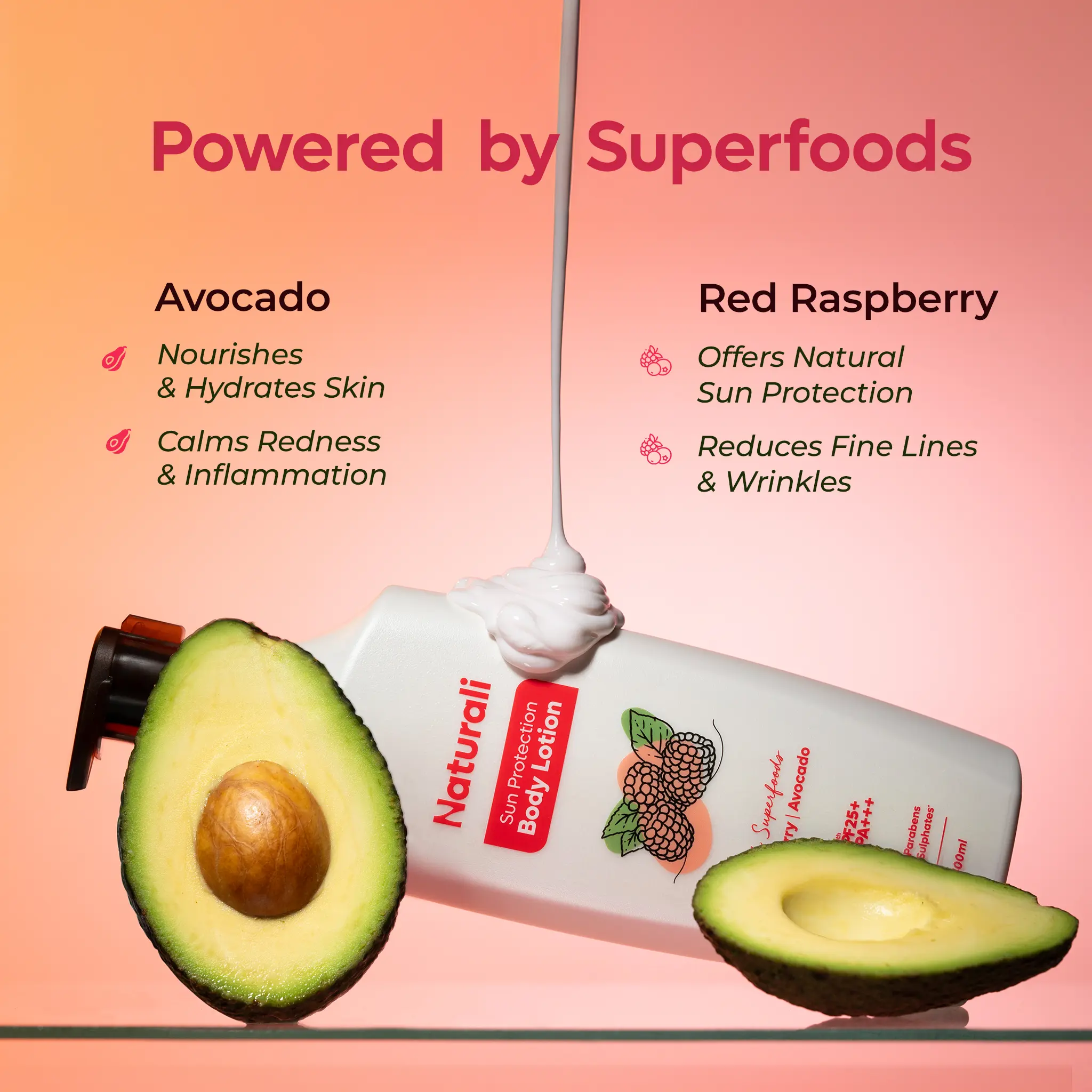 Naturali Sun Protection Body Lotion with SPF25 PA+++ infused with Raspberry and Avocado - Image 3